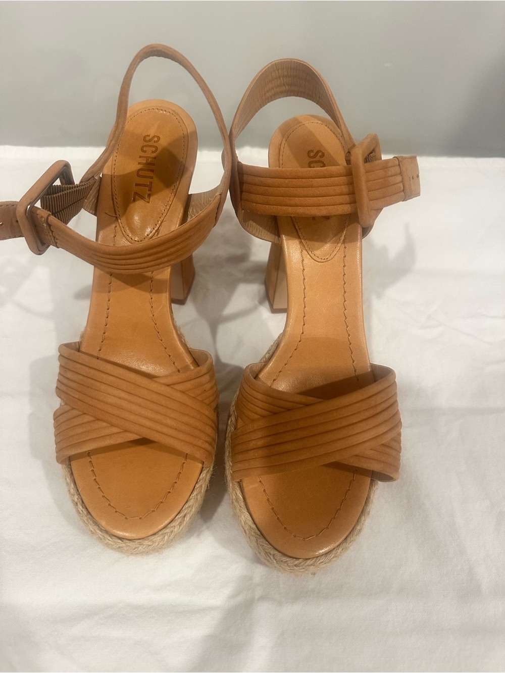 SCHUTZ Tan Leather Espadrille Platform Sandals